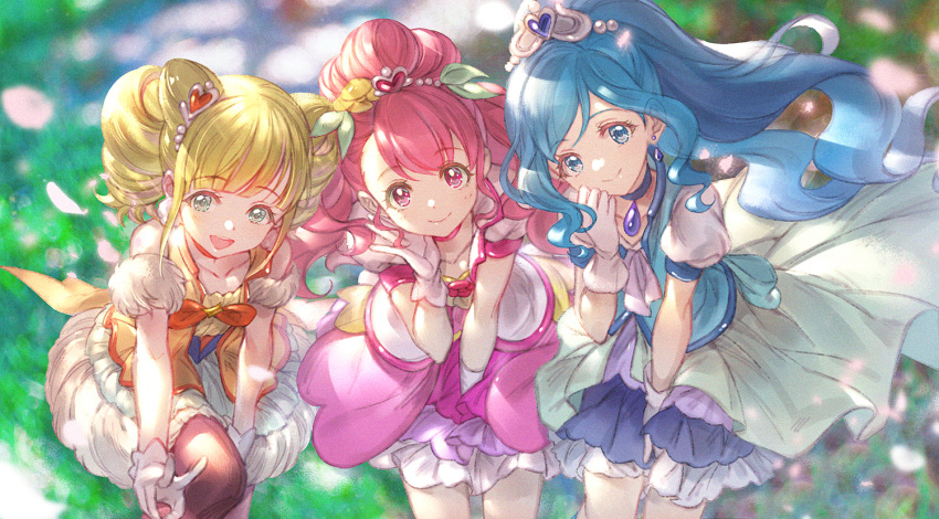 3girls :d bangs blonde_hair blue_eyes blue_hair blue_vest blunt_bangs choker closed_mouth commentary cure_fontaine cure_grace cure_sparkle double_bun drill_hair earrings flower frilled_skirt frills gloves green_eyes hair_bun hair_flower hair_ornament hair_ribbon hand_to_own_mouth healin'_good_precure heart heart_hair_ornament hoshi_(xingspresent) jewelry leaning_forward long_hair looking_at_viewer magical_girl multiple_girls open_mouth pink_eyes pink_hair pink_neckwear ponytail precure puffy_sleeves ribbon short_hair skirt smile tiara twin_drills twintails vest white_gloves