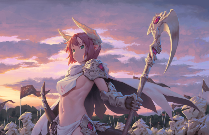 1girl 6+others armor army backlighting bangs bigrbear breast_curtain breasts cape clouds cloudy_sky cowboy_shot dragon_girl dragon_tail english_commentary forest full_armor gauntlets green_eyes groin highres horns light_frown loincloth looking_at_viewer medium_breasts multiple_others nature navel original outdoors pauldrons pennant pink_hair pointy_ears redhead scythe serious short_hair sideboob sidelocks sky solo_focus standard_bearer standing sunrise tail weapon