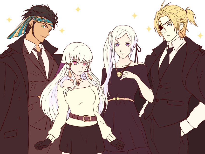 2boys 2girls alternate_costume belt black_gloves blonde_hair blue_eyes brown_hair claude_von_riegan closed_mouth crossed_arms dark_skin dark_skinned_male dimitri_alexandre_blaiddyd dress earrings edelgard_von_hresvelg eyepatch fire_emblem fire_emblem:_three_houses fire_emblem:_three_houses fire_emblem_16 fire_emblem_heroes formal gloves green_eyes hair_ornament hair_ribbon hands_in_pockets highres intelligent_systems jewelry loli long_hair long_sleeves lysithea_von_ordelia multiple_boys multiple_girls necklace necktie nintendo pink_eyes ribbon short_hair short_sleeves side_ponytail simple_background skirt suit super_smash_bros. teenager timeskip truejekart violet_eyes white_background white_hair young_adult