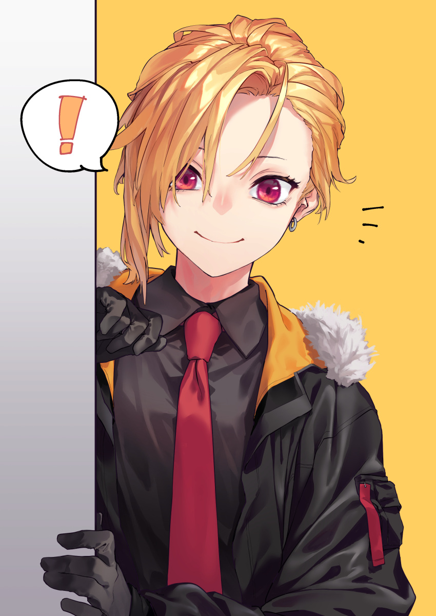 ! 1girl absurdres black_clothes black_gloves blonde_hair ear_piercing fur_trim gloves highres looking_at_viewer necktie original peeking_out picrew piercing red_eyes red_neckwear reiga_(act000) short_hair solo spoken_exclamation_mark