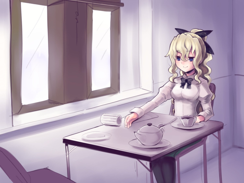1girl black_bow black_legwear black_neckwear blind blonde_hair boa_(brianoa) bow bowtie closed_mouth cup empty_eyes eyebrows_visible_through_hair glass green_skirt hair_between_eyes hair_bow indoors juliet_sleeves katawa_shoujo long_sleeves pantyhose plate ponytail puffy_sleeves satou_lilly shirt sitting skirt smile solo table teacup teapot violet_eyes white_shirt window