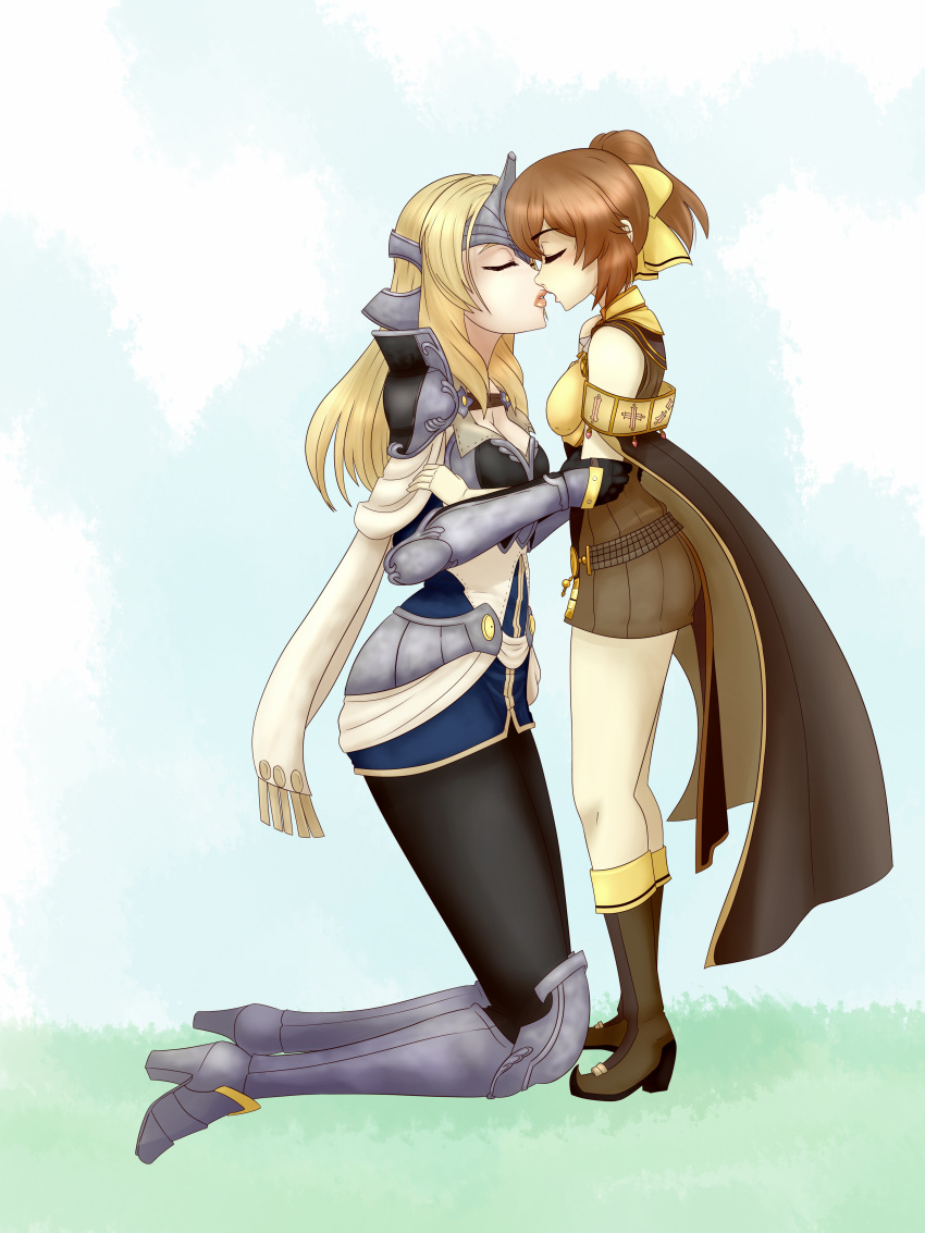 2girls absurdres age_difference arm_guards armor armored_boots blonde_hair boobplate boots breastplate brown_hair cape commission commissioner_upload delthea_(fire_emblem) dress fire_emblem fire_emblem_echoes:_shadows_of_valentia height_difference helmet highres imminent_kiss knee_boots knee_pads long_hair m-a-v-e-r-i-c-k mathilda_(fire_emblem) multiple_girls non-web_source open_mouth pantyhose ponytail yuri