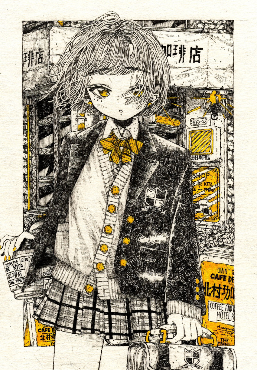 1girl bangs black_jacket blunt_bangs border bow bowtie collared_shirt earrings eyebrows_visible_through_hair greyscale hair_over_one_eye highres holding holding_drink jacket jewelry kitamurashu leaf long_sleeves looking_at_viewer monochrome original outside_border plaid plaid_skirt plant pocket shirt short_hair skirt sleeves_past_wrists solo spot_color striped striped_neckwear vest white_border white_shirt wind yellow_eyes yellow_neckwear