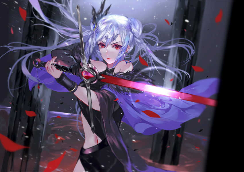 1girl asymmetrical_gloves black_dress black_gloves blurry blurry_background closed_mouth double_bun dress earrings floating_hair gloves hair_between_eyes highres holding holding_sword holding_weapon jewelry long_hair looking_at_viewer midriff navel original petals purple_capelet red_eyes red_lips shiny shiny_hair silver_hair single_glove solo standing stomach sword v-shaped_eyebrows vardan weapon wide_sleeves wristband