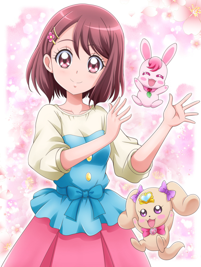 1girl closed_mouth commentary_request eyebrows_visible_through_hair hair_ornament hairclip hanadera_nodoka hanzou healin'_good_precure highres latte_(precure) looking_at_viewer pink_background precure rabirin_(precure) raglan_sleeves red_eyes redhead short_hair smile