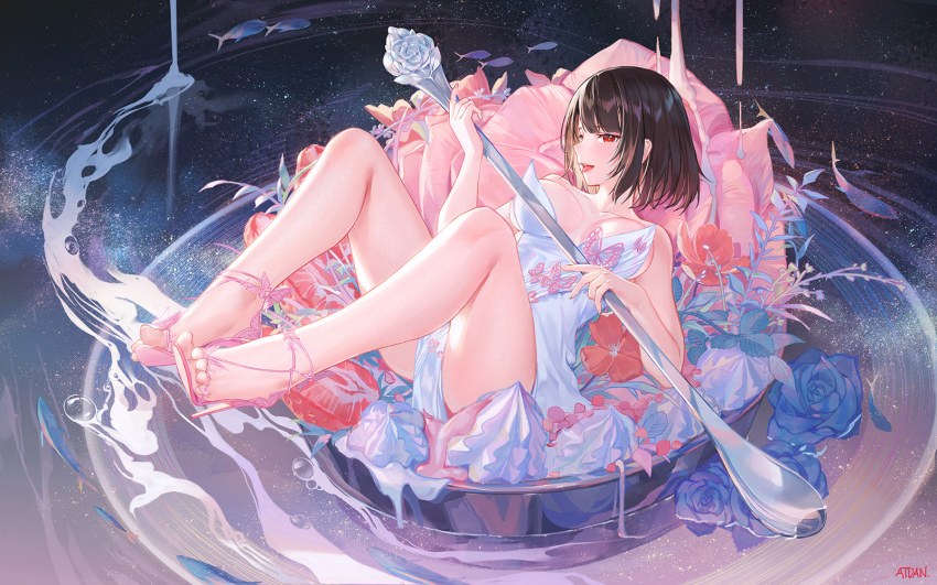1girl artist_name ass atdan bare_arms bare_legs bare_shoulders black_hair breasts breasts_apart cup dress fantasy fish flower high_heels highres holding in_container in_cup large_breasts looking_at_viewer open_mouth original pillow reclining red_eyes red_flower sandals short_hair sleeveless sleeveless_dress solo spoon strapless strapless_dress thighs tongue tongue_out white_dress