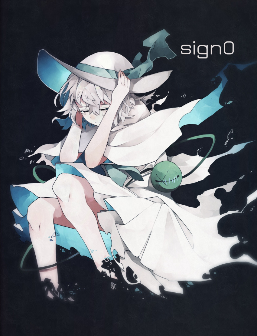 1girl alternate_color black_background capelet closed_eyes commentary_request crying dissolving dress green_ribbon hands_on_headwear hands_up hat hat_ribbon highres invisible_chair komeiji_koishi medium_hair ribbon sitting solo stitches tears third_eye touhou white_dress white_hair white_headwear yamaarashi_(kakamiaku)