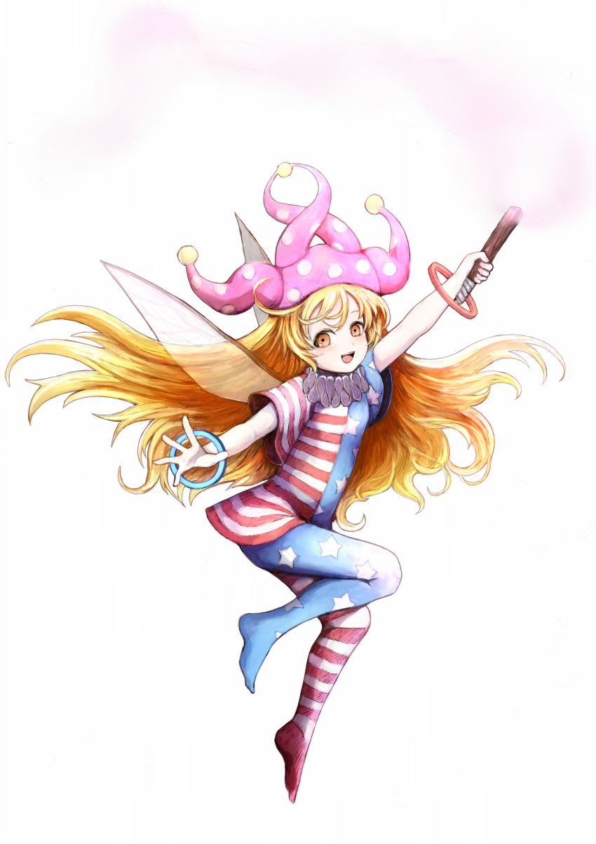 1girl american_flag_dress american_flag_legwear artist_request blonde_hair clownpiece dress fairy fairy_wings full_body hat highres jester_cap legacy_of_lunatic_kingdom long_hair looking_at_viewer open_mouth pantyhose pink_headwear smile star star_print torch touhou wings yellow_eyes