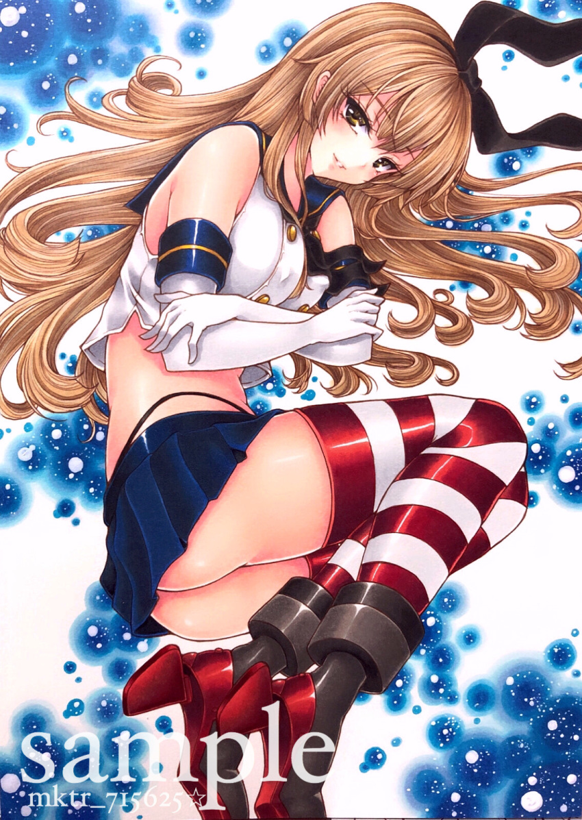 1girl bangs black_bow black_panties blonde_hair blue_sailor_collar blue_skirt bow brown_eyes crop_top elbow_gloves eyebrows_visible_through_hair gloves hair_between_eyes hair_bow highleg highleg_panties highres kantai_collection long_hair looking_at_viewer lying midriff miniskirt mktr_(princess_mktr) on_side panties parted_lips pleated_skirt sailor_collar sample shimakaze_(kantai_collection) shiny shiny_hair shiny_legwear skirt sleeveless smile solo stomach striped striped_legwear thigh-highs underwear very_long_hair white_gloves