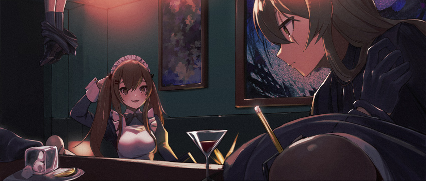 3boys :d apron arm_behind_head black_gloves black_legwear blush bow bowtie breasts brown_eyes brown_hair cocktail_glass cup drinking_glass food fruit girls_frontline gloves hair_ornament hairclip highres ice ice_cube leg_hair lemon lemon_slice long_hair maid_apron maid_headdress multiple_boys open_mouth painting_(object) pencil ranyu scar scar_across_eye smile spill sunglasses twintails ump45_(girls_frontline) ump9_(girls_frontline)