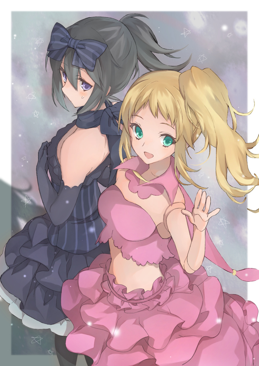 2girls :d bangs bare_shoulders black_bow black_dress black_gloves black_hair black_legwear black_scarf blonde_hair blush bow clara_&amp;_rushka_-_the_ventriloduo commentary_request cowboy_shot crop_top detached_collar doll_joints dress duel_monster elbow_gloves eyebrows_visible_through_hair frilled_dress frilled_skirt frills gloves green_eyes hair_bow hand_up highres long_hair looking_at_viewer midriff multiple_girls no_navel open_mouth pantyhose pink_collar pink_dress pink_skirt ponytail profile scarf scarf_bow shadow side_ponytail sidelocks skirt smile standing star starry_background strapless strapless_dress striped striped_bow striped_dress sweatdrop tsumayouji_(dekosoko) violet_eyes waving yuu-gi-ou