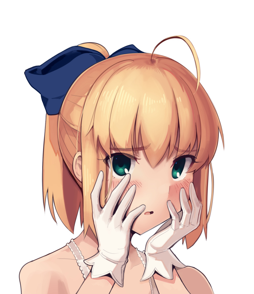 1girl absurdres ahoge artoria_pendragon_(all) blonde_hair blue_bow blush boa_(brianoa) bow embarrassed eyebrows_visible_through_hair fate/stay_night fate_(series) gloves green_eyes hair_bow hands_on_own_face highres looking_at_viewer parted_lips ponytail portrait saber solo transparent_background white_gloves