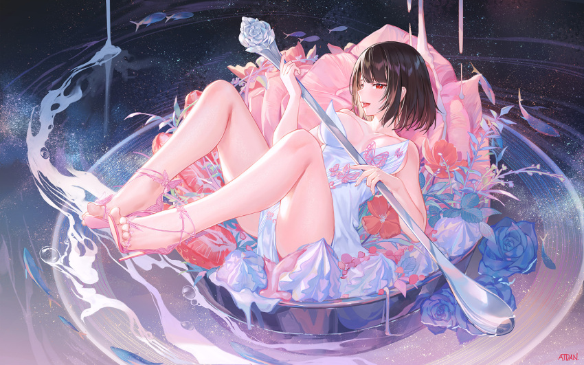 1girl artist_name ass atdan bare_arms bare_legs bare_shoulders black_hair breasts breasts_apart cup dress fantasy fish flower high_heels highres holding in_container in_cup large_breasts looking_at_viewer open_mouth original pillow reclining red_eyes red_flower revision sandals short_hair sleeveless sleeveless_dress solo spoon strapless strapless_dress thighs tongue tongue_out white_dress