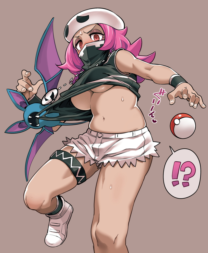 !? 1girl absurdres assisted_exposure bandana bandana_over_mouth bare_arms bare_shoulders belly blush breasts brown_background cabbie_hat chain_necklace covered_mouth embarrassed fingernails fukumaaya gen_1_pokemon hat highres jewelry long_hair medium_breasts navel no_bra nose_blush pendant pink_hair poke_ball poke_ball_(generic) pokemon pokemon_(creature) pokemon_(game) pulled_by_another red_eyes shirt shirt_pull short_shorts shorts simple_background skull_hat skull_necklace sleeveless sleeveless_shirt solo_focus stomach surprised sweat tan team_skull team_skull_grunt team_skull_uniform thighlet under_boob wristband zubat