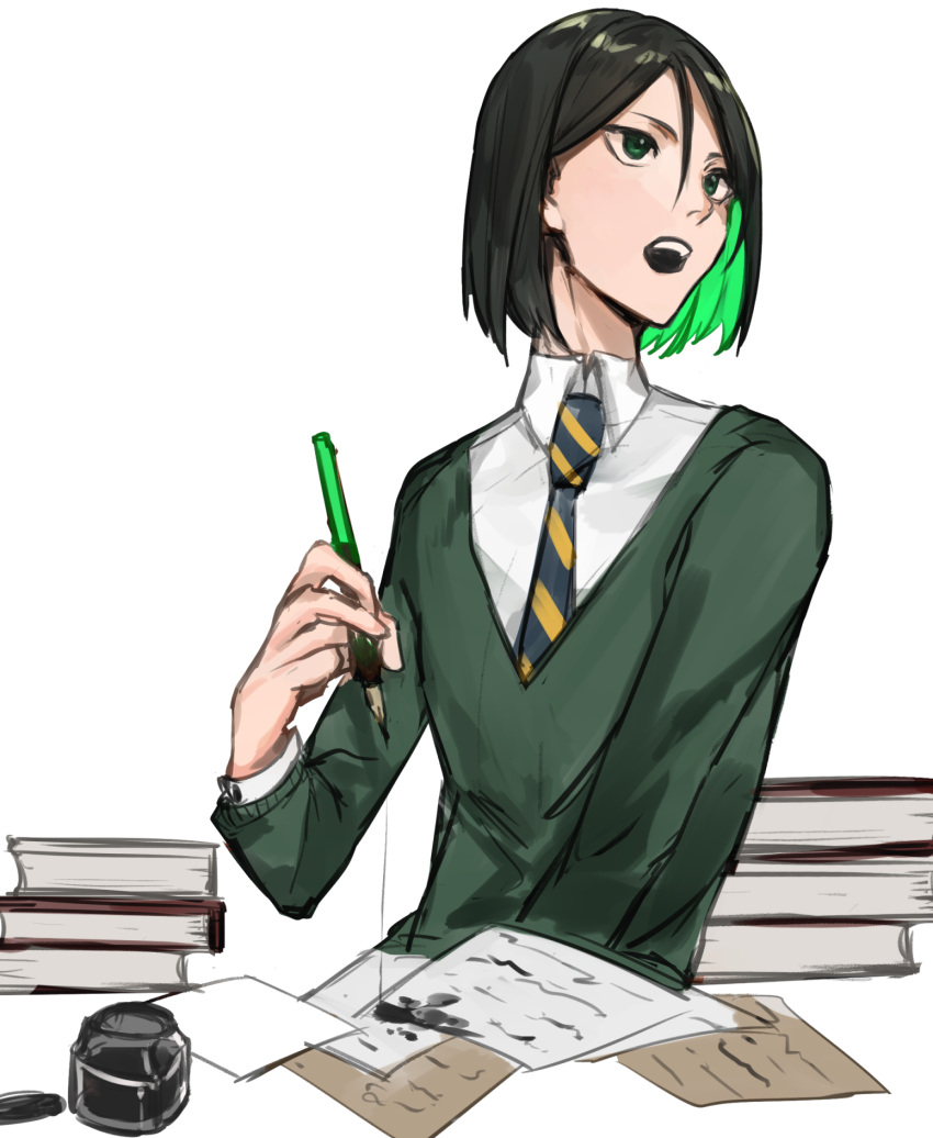 1boy androgynous aonogura black_eyes black_hair book fate/zero fate_(series) green_eyes green_hair highres ink ink_bottle ink_pen ink_stain male_focus multicolored_hair necktie paper pen solo sweater tsurime two-tone_hair waver_velvet