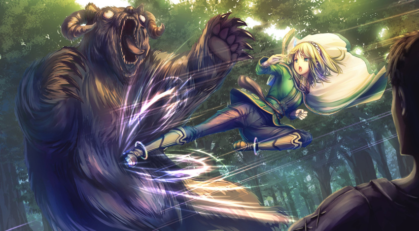 &gt;:o 1boy 1girl animal bangs battle bear blonde_hair boots breasts cape elf energy_rings flying_kick forest green_eyes green_jacket hairband highres jacket keena_(leadale_no_daichi_nite) kicking knee_boots leadale_no_daichi_nite long_sleeves looking_at_another medium_breasts medium_hair nature novel_illustration official_art open_mouth outdoors pants pointy_ears pouch rider_kick teeth tenmaso v-shaped_eyebrows
