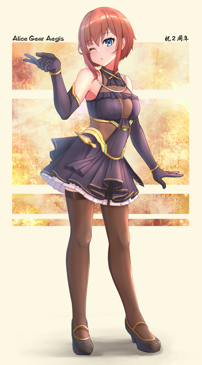 1girl ;o alice_gear_aegis ascot bangs bare_shoulders black_dress black_footwear black_gloves black_neckwear blue_eyes blush breasts brown_legwear copyright_name dress elbow_gloves eyebrows_visible_through_hair frilled_dress frills full_body gloves hand_up high_heels highres kanagata_sugumi looking_at_viewer maxdeng medium_breasts one_eye_closed parted_lips redhead short_hair sidelocks solo standing thigh-highs translation_request