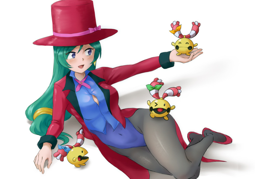 &gt;_o arm_support blue_leotard blue_shirt breasts chingling covered_navel earrings gen_4_pokemon green_hair hat highres jacket jewelry leotard long_sleeves lying magician medium_breasts necklace one_eye_closed open_clothes open_mouth open_shirt pink_neckwear pink_ribbon pokemon pokemon_(anime) pokemon_dp070 pokemon_dppt_(anime) ribbon shadow shirt shizue_(pokemon) smile tailcoat top_hat tsugurusu_kyohou violet_eyes yellow_ribbon