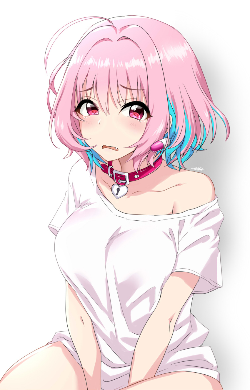 1girl ahoge bare_shoulders breasts collar fang highres idolmaster idolmaster_cinderella_girls lock looking_at_viewer medium_hair non_(nonzile) off_shoulder open_mouth pink_eyes pink_hair solo tears yumemi_riamu