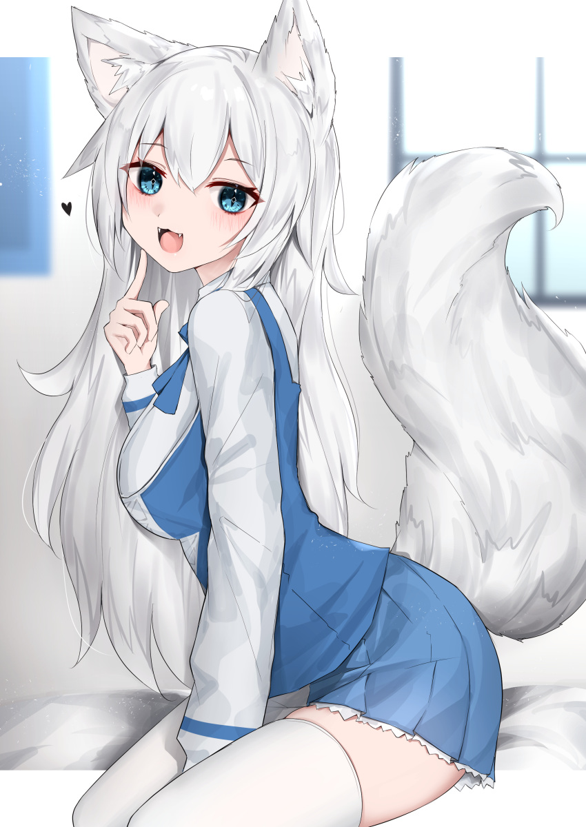 1girl :3 :d absurdres animal_ears blue_eyes blush border english_commentary fangs finger_to_cheek heart highres indie_virtual_youtuber indoors kanju looking_at_viewer lumi_(merryweather) open_mouth second-party_source silver_hair sitting skindentation smile solo tail thigh-highs virtual_youtuber white_border white_legwear window wolf_ears wolf_girl wolf_tail