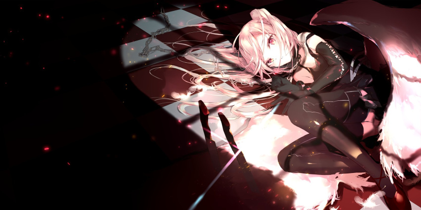 1girl bare_shoulders black_gloves black_legwear blonde_hair chain checkered checkered_floor commentary elbow_gloves flandre_scarlet gloves highres long_hair looking_at_viewer lying no_hat no_headwear on_side one_side_up red_eyes red_footwear sakusyo shadow shoes solo thigh-highs thighs touhou