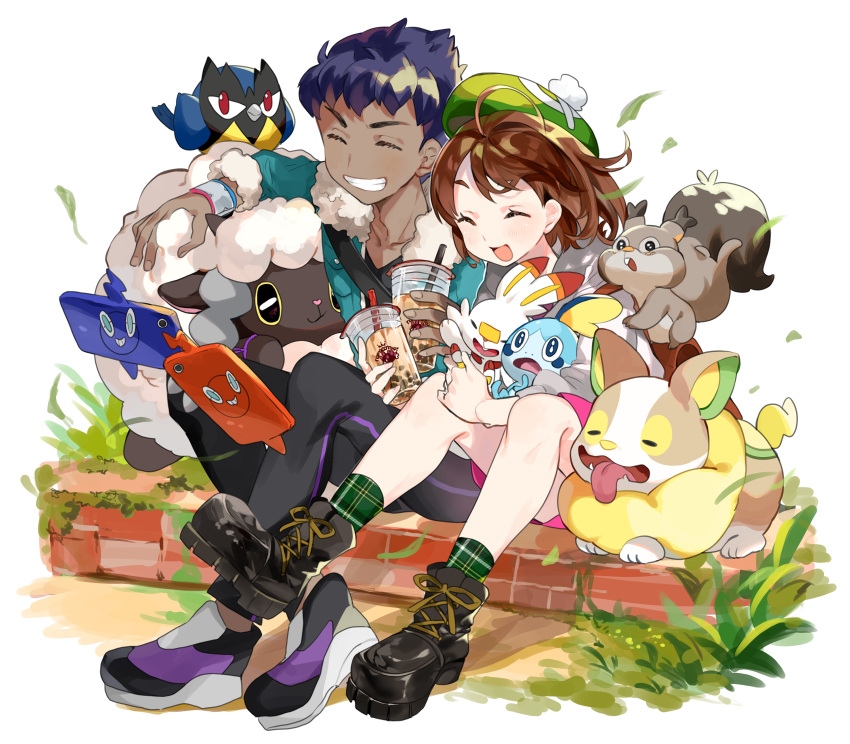 1boy 1girl :d ^_^ aano_(10bit) absurdres bangs bird black_footwear black_pants blue_jacket blush boots brick_wall brown_hair bubble_tea cardigan character_request closed_eyes commentary_request cup dark_skin disposable_cup dog dress drinking_straw fur-trimmed_jacket fur-trimmed_sleeves fur_trim gen_8_pokemon greedent green_headwear green_legwear grey_cardigan grin highres holding holding_cup hop_(pokemon) jacket open_clothes open_jacket open_mouth pants pink_dress plaid plaid_legwear pokemon pokemon_(creature) pokemon_(game) pokemon_swsh purple_hair scorbunny sheep shoes sitting smile sobble socks squirrel tam_o'_shanter tongue tongue_out v-shaped_eyebrows white_background wooloo yamper yuuri_(pokemon)