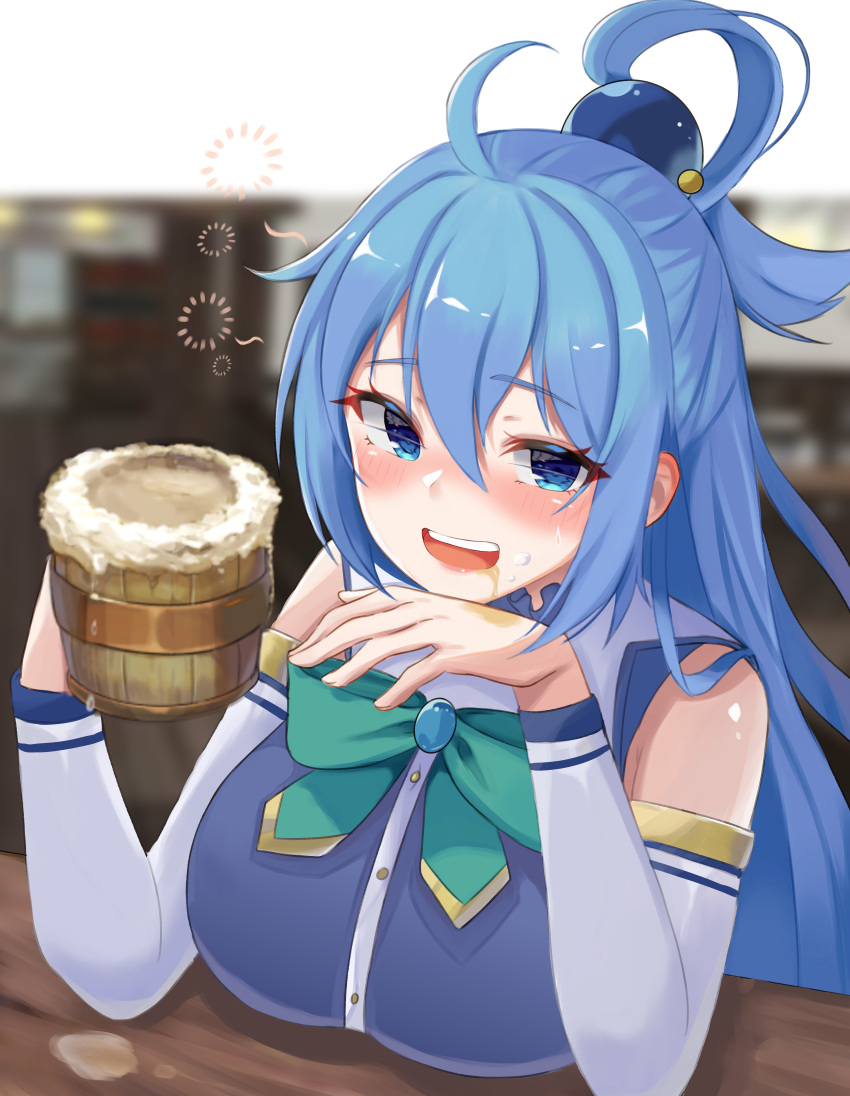 1girl absurdres ahoge aqua_(konosuba) aqua_hair beer_mug blue_eyes blurry blurry_background blush bow bowtie breasts detached_sleeves dress drinking drooling drunk eyebrows_visible_through_hair foam green_neckwear hair_bobbles hair_ornament hair_rings highres indoors kono_subarashii_sekai_ni_shukufuku_wo! large_breasts long_hair looking_at_viewer open_mouth r.nw sitting solo sweat upper_body