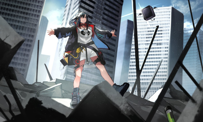 1girl 55level arknights bangs belt black_choker black_hair black_jacket black_legwear building choker city closure_(arknights) collarbone cube highres jacket long_hair long_shirt long_sleeves open_clothes open_jacket pointy_ears pouch red_eyes rubble shirt shoes socks solo thigh_pouch utility_belt white_shirt