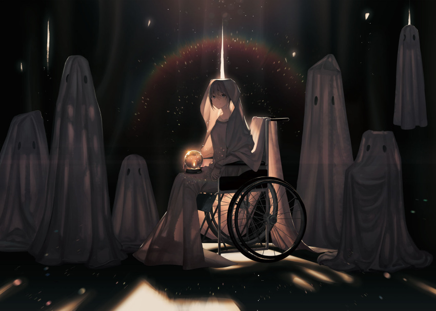 1girl bed_sheet blue_eyes crystal_ball curtains ghost highres kururi light_particles looking_at_viewer original rainbow short_hair sitting smile solo sweater wheelchair white_sweater