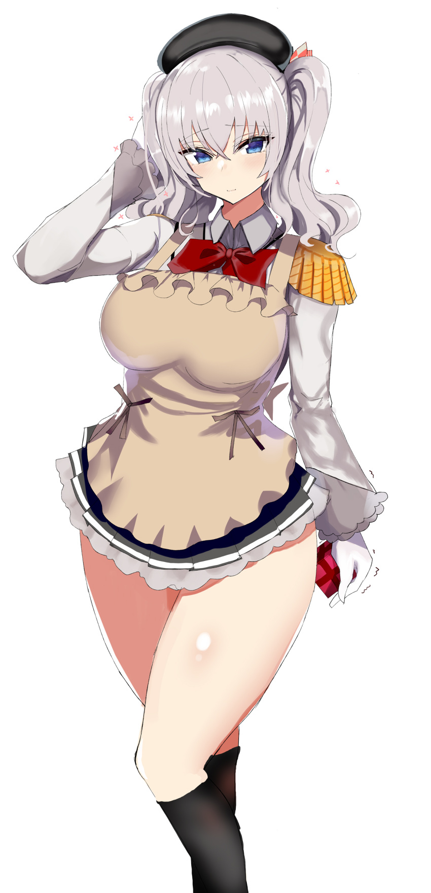 1girl absurdres apron beige_apron beret black_headwear black_legwear black_skirt blue_eyes box breasts cowboy_shot epaulettes fafas68 feet_out_of_frame frilled_apron frilled_sleeves frills gift gloves hat highres jacket kantai_collection kashima_(kantai_collection) kneehighs large_breasts long_sleeves looking_at_viewer military military_jacket military_uniform miniskirt neckerchief pleated_skirt red_neckwear sidelocks silver_hair simple_background skirt solo tsurime twintails uniform wavy_hair white_background white_gloves white_jacket