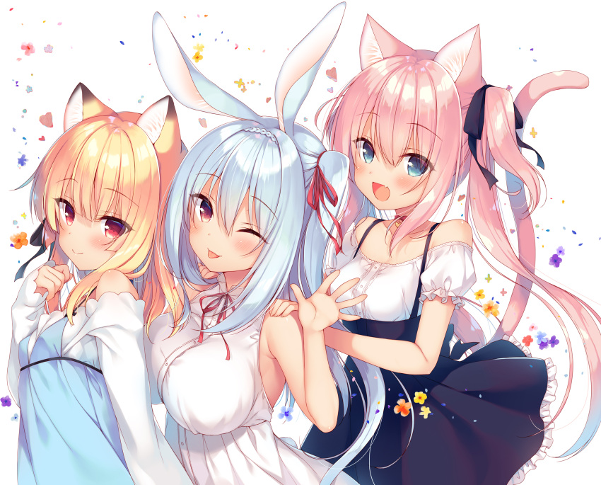 3girls :d ;p animal_ear_fluff animal_ears bangs black_ribbon black_skirt blonde_hair blue_dress blue_eyes blue_hair blush braid breasts cat_ears cat_girl cat_tail closed_mouth collared_dress dress eyebrows_visible_through_hair fanbox_reward fang fingernails fox_ears frilled_skirt frills hair_between_eyes hair_ribbon hand_up hands_on_another's_shoulders heart high-waist_skirt highres large_breasts long_hair long_sleeves medium_breasts multiple_girls neck_ribbon off-shoulder_shirt off_shoulder one_eye_closed open_mouth original paid_reward pink_hair puffy_short_sleeves puffy_sleeves rabbit_ears red_eyes red_ribbon ribbon sazaki_ichiri shirt short_sleeves skirt sleeveless sleeveless_dress sleeves_past_wrists small_breasts smile suspender_skirt suspenders tail tail_raised tongue tongue_out twintails very_long_hair white_background white_dress white_shirt