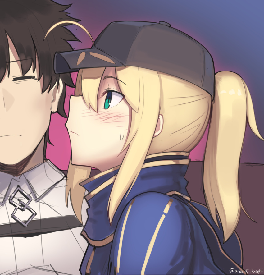 1boy 1girl ahoge artoria_pendragon_(all) baseball_cap black_headwear blonde_hair blue_jacket blush boa_(brianoa) brown_hair closed_eyes closed_mouth collared_jacket eyebrows_visible_through_hair fate/grand_order fate_(series) from_side fujimaru_ritsuka_(male) furrowed_eyebrows green_eyes hat highres jacket looking_at_another mysterious_heroine_x ponytail profile purple_background sweatdrop twitter_username white_jacket