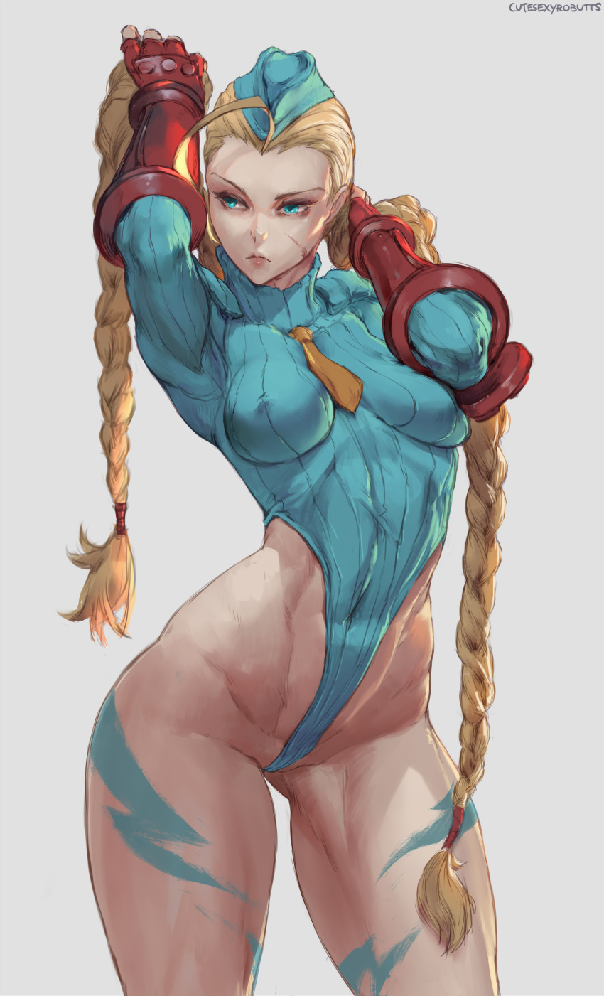 1girl absurdres ahoge aqua_eyes artist_name blonde_hair braid breasts cammy_white covered_nipples cutesexyrobutts fingerless_gloves garrison_cap gauntlets gloves grey_background hat highres huge_filesize lips long_hair muscle necktie patreon_username serious signature simple_background solo street_fighter street_fighter_zero_(series) thighs toned very_long_hair