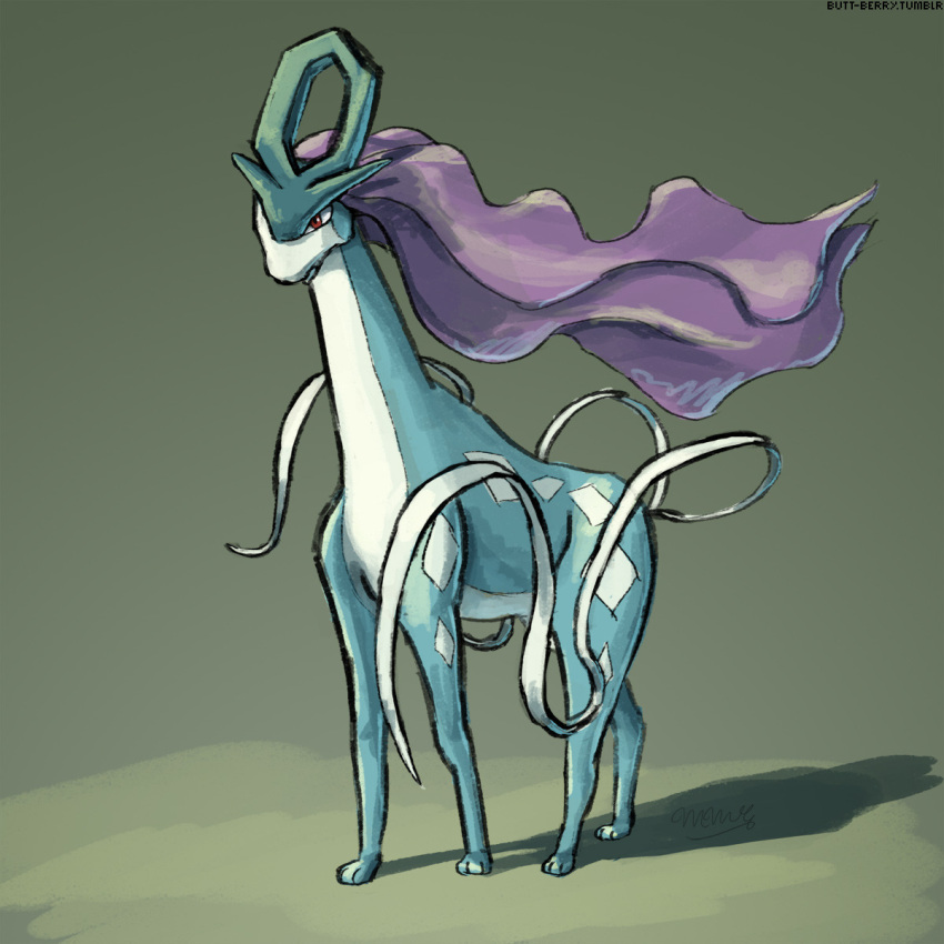 brown_eyes commentary creature english_commentary full_body gen_2_pokemon giraffe grey_background highres legendary_pokemon mcgmark no_humans pokemon pokemon_(creature) purple_hair shadow simple_background solo standing suicune tumblr_username watermark web_address