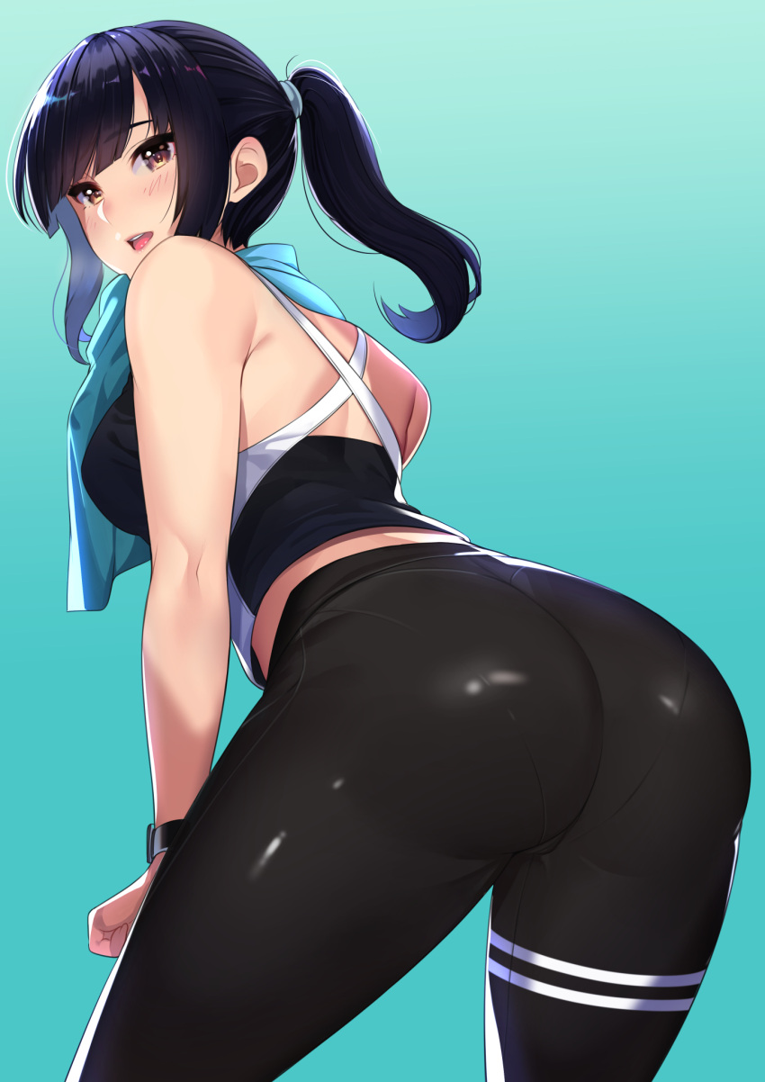 1girl ass bangs bare_shoulders black_hair black_pants blue_background blush breasts brown_eyes commentary_request eyebrows_visible_through_hair from_behind highres kagematsuri lips long_hair looking_at_viewer looking_back medium_breasts open_mouth original pants pantylines ponytail shiny shiny_clothes shiny_hair shiny_skin sidelocks sleeveless solo spandex tied_hair towel towel_around_neck watch watch
