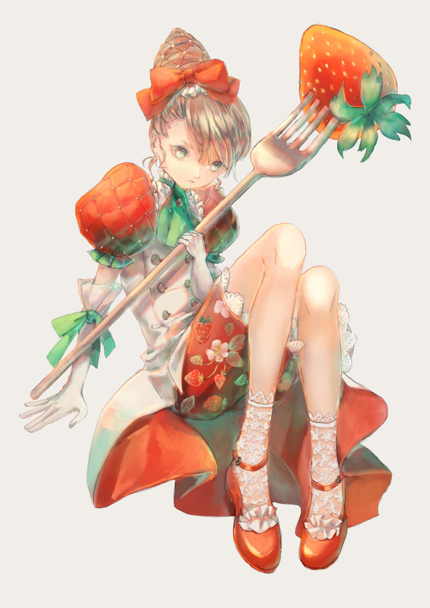 1girl bangs beehive_hairdo bow cotolier_risa flower food fork fruit gloves hair_bow highres knees_up light_brown_hair original oversized_food oversized_object puffy_short_sleeves puffy_sleeves red_bow red_footwear red_shorts shoes short_sleeves shorts simple_background solo strawberry white_background white_flower white_gloves