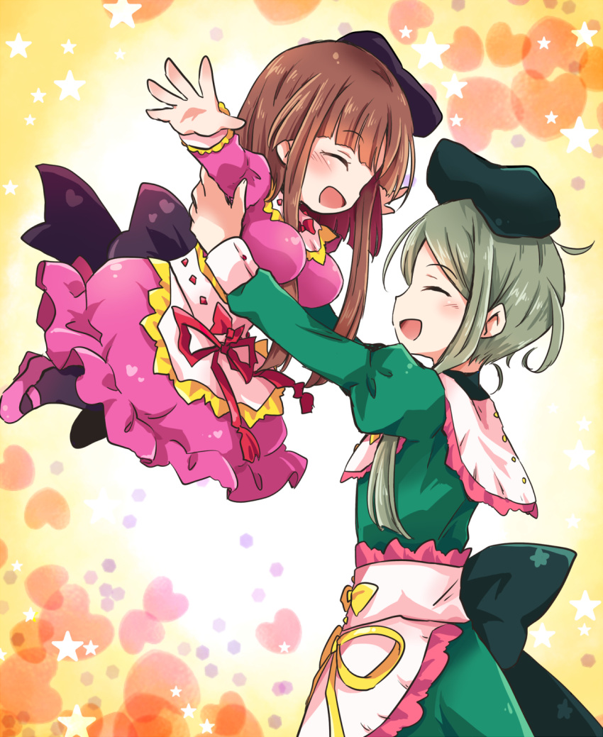 2girls age_difference apron black_legwear blush breasts brown_hair closed_eyes commentary_request dress green_dress green_hair hat heart highres juliet_sleeves lifting lifting_person long_sleeves multiple_girls nishida_satono open_mouth oppai_loli outstretched_arms pink_dress pink_footwear pote_(ptkan) puffy_sleeves ribbon shoes short_hair_with_long_locks star tate_eboshi teireida_mai touhou waist_apron waist_bow yellow_background younger