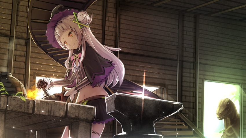 1girl absurdres capelet commentary_request crop_top dinosaur furnace gloves hair_bun hair_ornament hat highres hololive lens_flare long_hair midriff murasaki_shion namako_(namacotan) plant silver_hair smile virtual_youtuber window witch_hat yellow_eyes