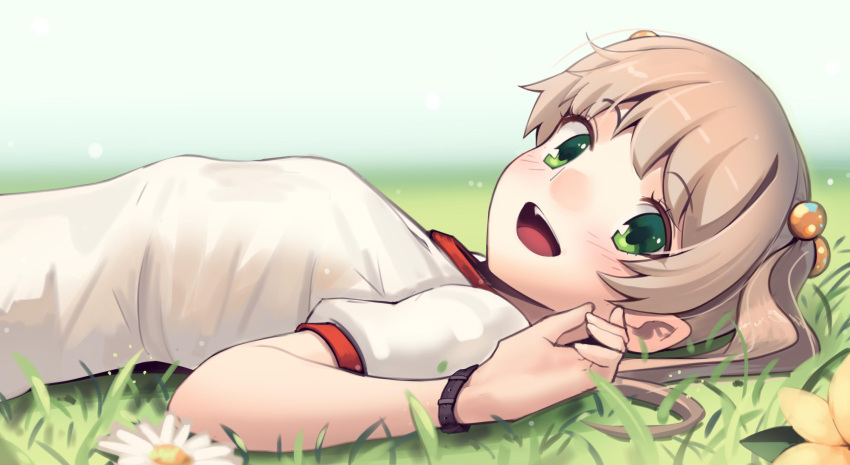 1girl :d boa_(brianoa) brown_hair eyebrows_visible_through_hair flat_chest from_side grass green_eyes hair_ornament happy highres ibarazaki_emi katawa_shoujo looking_at_viewer looking_to_the_side lying on_back on_grass on_ground open_mouth shirt short_sleeves smile solo twintails watch watch white_shirt