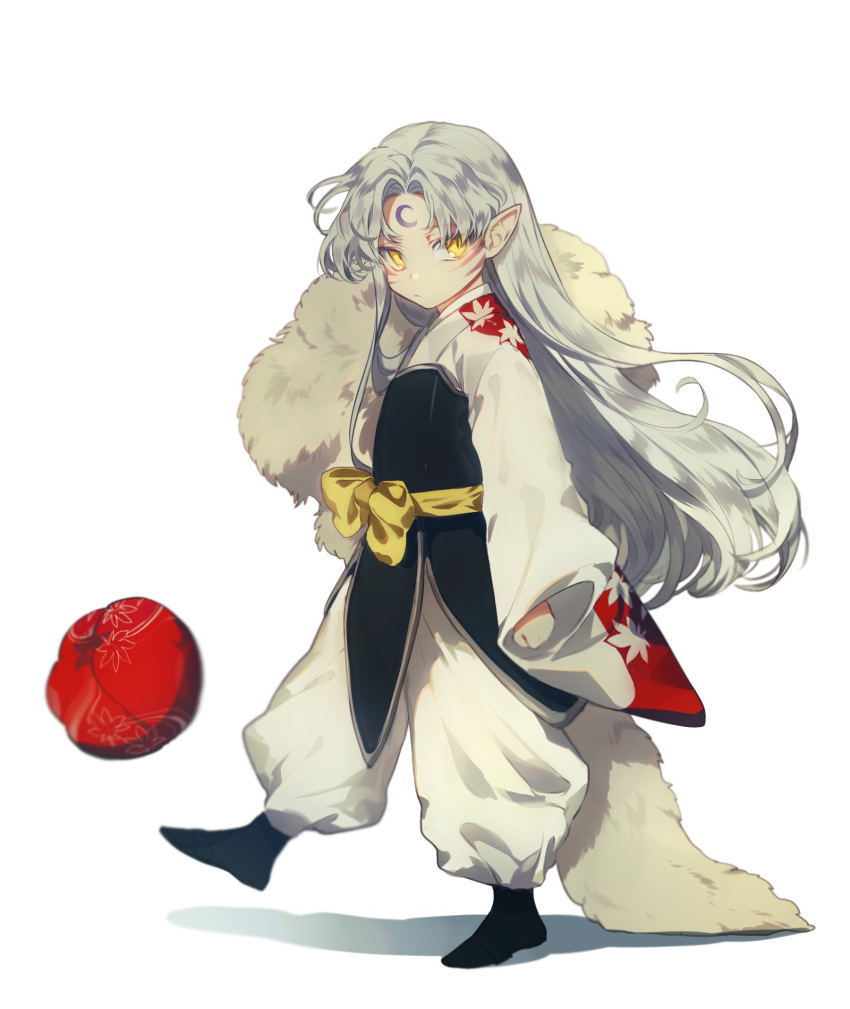 1boy baggy_pants ball black_legwear child clenched_hand closed_mouth crescent facial_mark full_body fur highres inuyasha leg_up long_hair long_sleeves looking_at_viewer male_focus mgmg_1012 pants pointy_ears sesshoumaru shadow simple_background slit_pupils solo standing standing_on_one_leg white_background white_hair white_pants wide_sleeves yellow_eyes