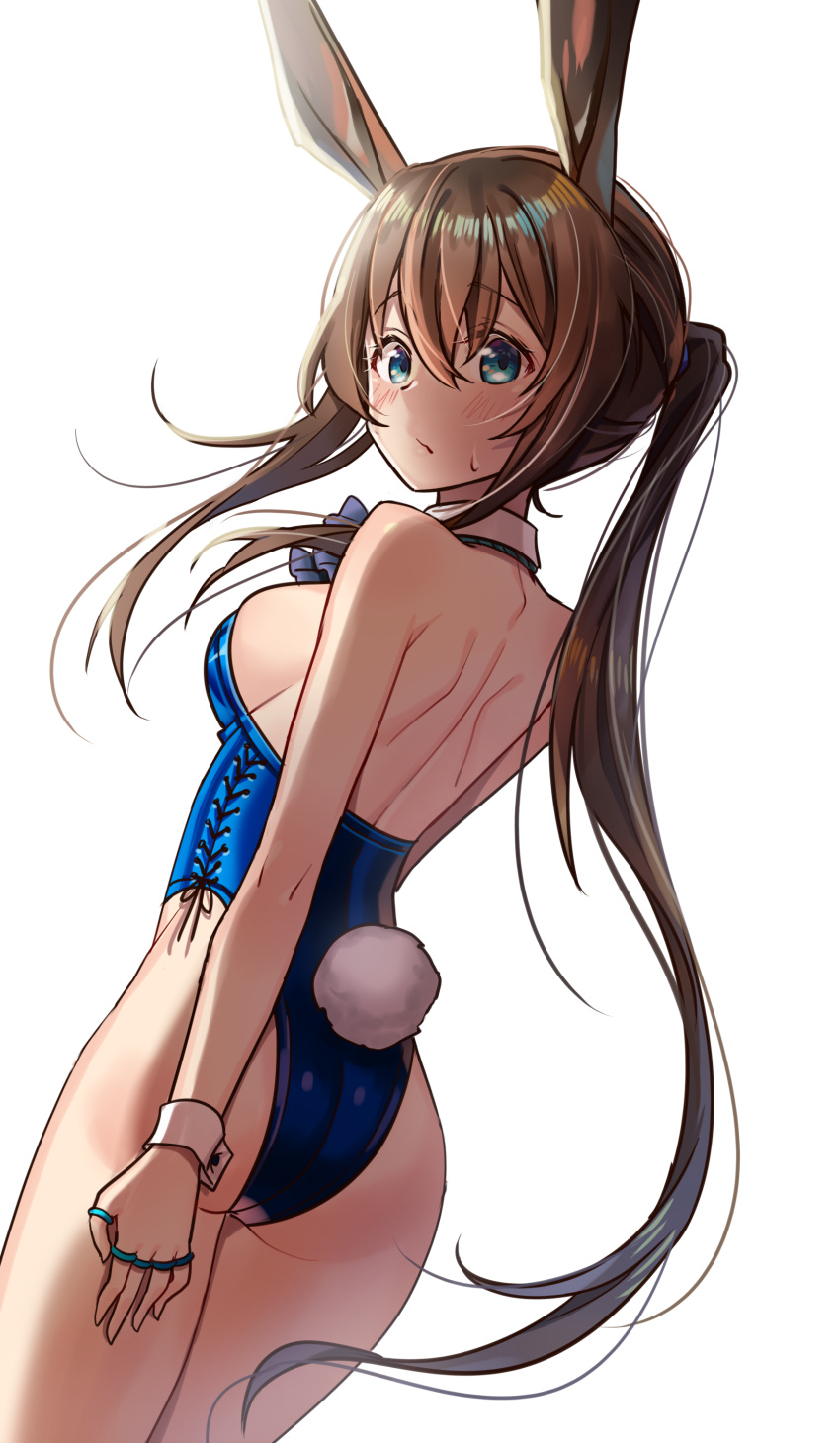 1girl absurdres amiya_(arknights) animal_ears arknights ass back backlighting bare_arms bare_shoulders blue_eyes blue_leotard brown_hair bunny_tail bunnysuit closed_mouth cowboy_shot detached_collar dutch_angle goyain highres jewelry leotard long_hair looking_at_viewer looking_back playboy_bunny_leotard ponytail rabbit_ears ring solo sweatdrop tail thighs very_long_hair wrist_cuffs