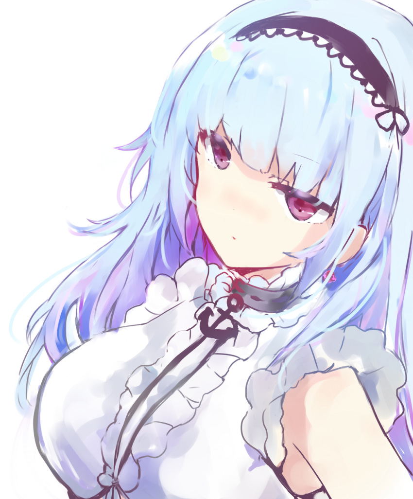 1girl anchor azur_lane bangs bare_shoulders black_hairband blue_hair breasts center_frills closed_mouth commentary_request dido_(azur_lane) eyebrows_visible_through_hair frills hairband highres long_hair looking_at_viewer medium_breasts red_eyes shirt simple_background sleeveless sleeveless_shirt solo tsukiyo_(skymint) upper_body white_background white_shirt
