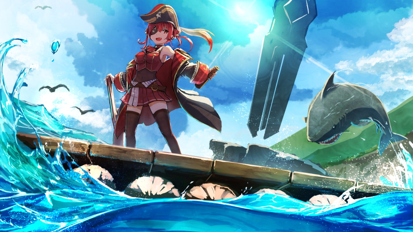 1girl absurdres armpits bird clouds coat commentary_request eyepatch hat highres hololive houshou_marine namako_(namacotan) ocean open_mouth pirate_hat red_eyes redhead shark sky solo sun telescope thigh-highs virtual_youtuber water watercraft