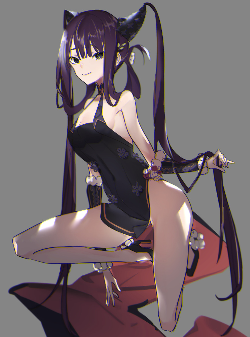 1girl aonogura bangs black_hair blue_eyes blunt_bangs breasts china_dress chinese_clothes dress fate/grand_order fate_(series) high_heels highres sideboob skirt_hold solo twintails yang_guifei_(fate/grand_order)