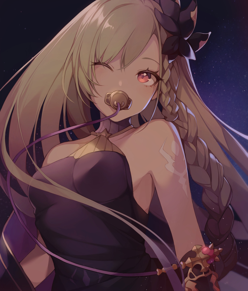 1girl armpits bare_shoulders blonde_hair braid breasts eyebrows_visible_through_hair granblue_fantasy hair_ornament halterneck helel_ben_shalem highres long_hair looking_at_viewer night one_eye_closed orange_eyes pacifier saibe small_breasts solo tattoo upper_body