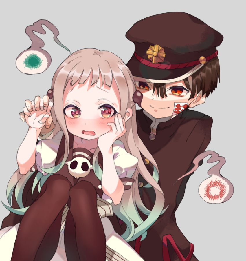 1boy 1girl bangs black_hair black_headwear black_jacket blush brown_eyes brown_hair brown_legwear brown_sailor_collar closed_mouth commentary_request dress gakuran gradient_hair green_hair grey_background hair_between_eyes hanako_(jibaku_shounen_hanako-kun) hat highres holding_hand jacket jibaku_shounen_hanako-kun kayanogura knees_up long_hair multicolored_hair open_mouth peaked_cap puffy_short_sleeves puffy_sleeves sailor_collar sailor_dress school_uniform short_sleeves simple_background sitting skull smile thigh-highs very_long_hair wavy_mouth white_dress yashiro_nene