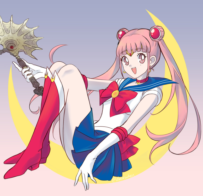 1girl absurdres axe bishoujo_senshi_sailor_moon cosplay crescent_moon double_bun fire_emblem fire_emblem:_three_houses gloves gradient gradient_background hair_ornament highres hilda_valentine_goneril mlr2004 moon open_mouth pink_hair sailor_moon sailor_moon_(cosplay) sailor_senshi_uniform smile tiara twintails wand