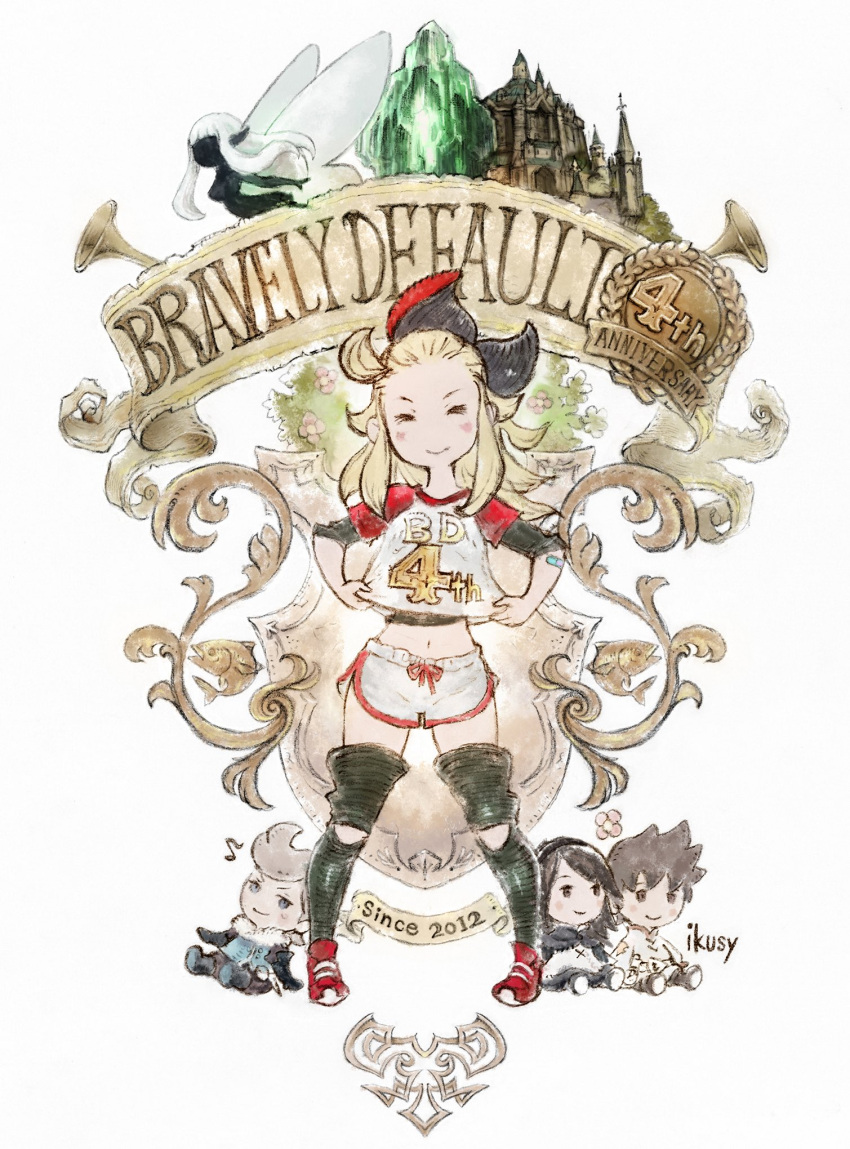 1girl agnes_oblige anniversary blonde_hair bow bravely_default:_flying_fairy bravely_default_(series) castle closed_eyes doll edea_lee fairy fairy_wings gym_shirt gym_shorts hair_bow hair_ornament highres ikusy navel official_art over-kneehighs ringabel shirt shirt_grab shoes shorts smile sneakers sportswear square_enix stuffed_toy thigh-highs tiz_oria wings