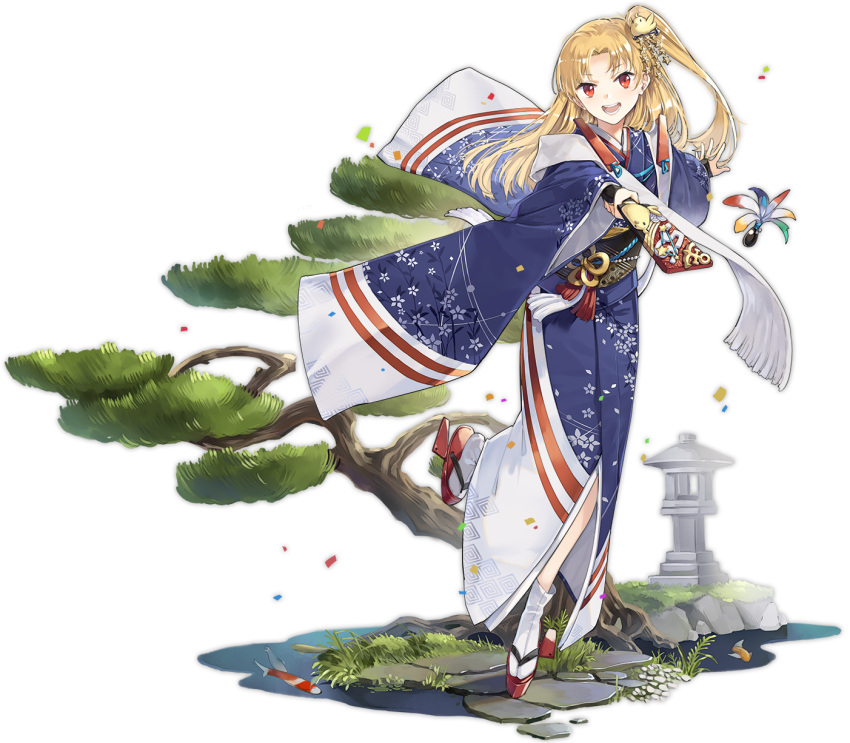 1girl alternate_costume azur_lane bangs blonde_hair blush cleveland_(azur_lane) cleveland_(new_year's_challenge!)_(azur_lane) eyebrows_visible_through_hair full_body hao_(patinnko) highres japanese_clothes kimono long_hair looking_at_viewer official_art one_side_up open_mouth red_eyes smile solo transparent_background