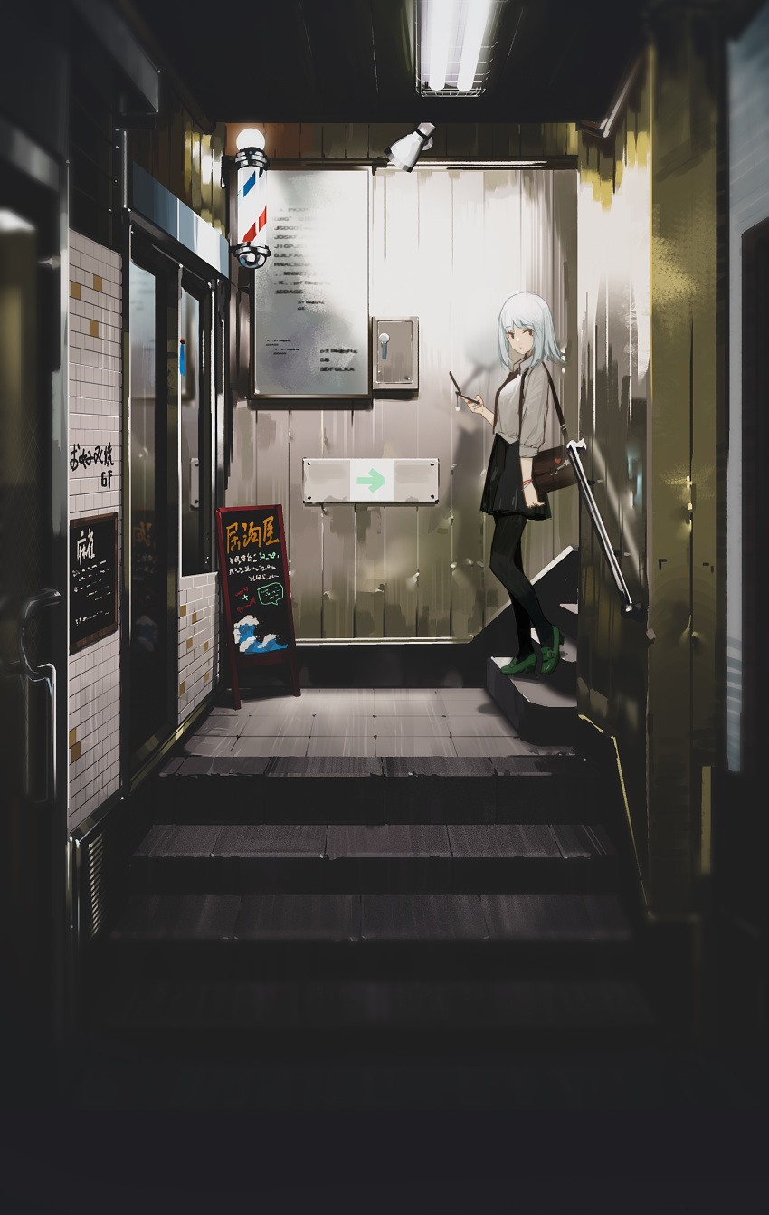 1girl absurdres cellphone closed_mouth directional_arrow doitsu_no_kagaku expressionless eyebrows_visible_through_hair green_footwear high_heels highres holding holding_cellphone holding_phone indoors looking_at_viewer original phone short_hair solo stairs white_hair